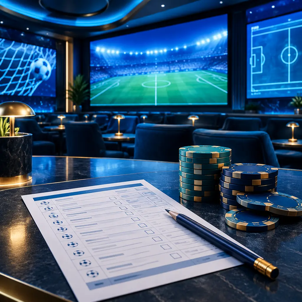 Lounge taruhan olahraga BETON999 dengan layar lapangan abstrak, slip taruhan, dan keping
