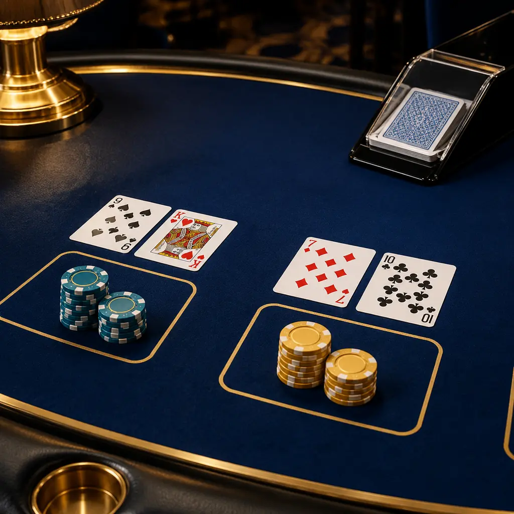 Meja baccarat BETON999 dari dekat dengan sepatu kartu, kartu, dan keping