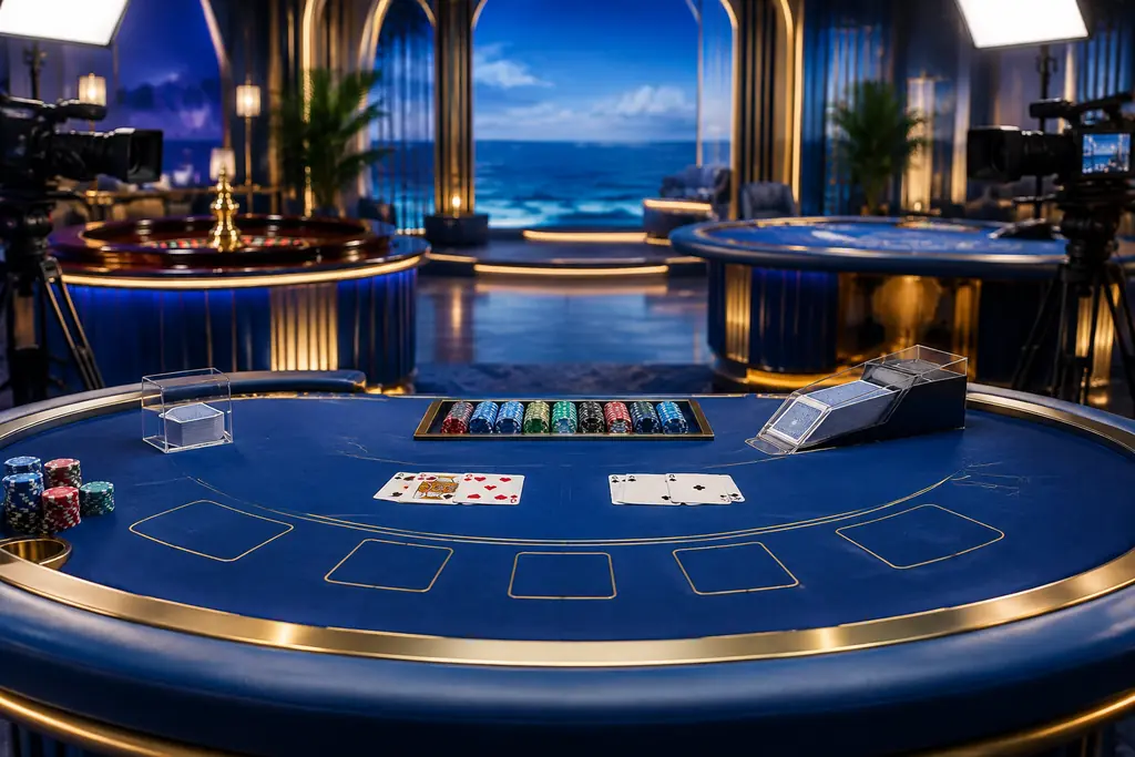 Studio live dealer BETON999 dengan meja baccarat, roda roulette, dan kamera